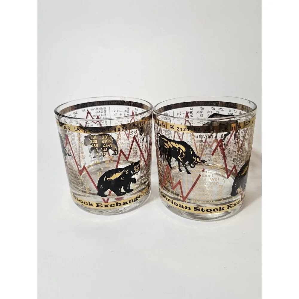 Set of 2 Vintage MCM Hammacher Schlemmer Stock Market Bull/Bear Lowball Glasses